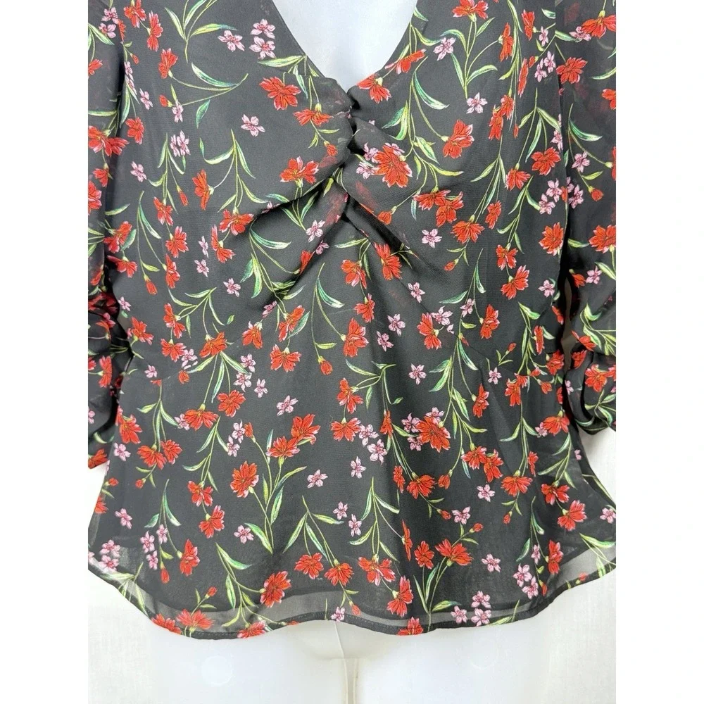 Banana Republic Floral Twist Front Blouse M Ruched Puff Sleeve Sheer Romantic‎
